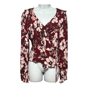 Jack by BB Dakota Burgundy Long Sleeve Floral Wrap Tie Top Sizes XS-Small